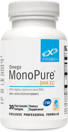 Bottle of Omega MonoPure DHA EC dietary supplement, 30 fish gelatin softgels.
