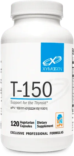 White bottle of T-150 dietary supplement, 120 vegetarian capsules for thyroid support
