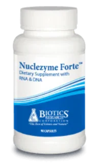 Nucleozyme Forte dietary supplement bottle with RNA and DNA, 100 capsules, white and blue label