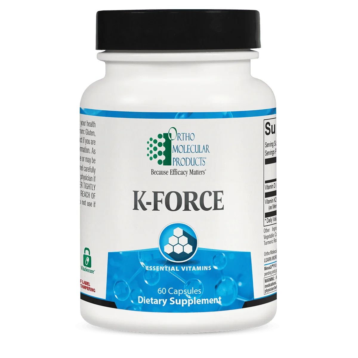 K-FORCE essential vitamins dietary supplement bottle with 60 capsules, white and blue label.