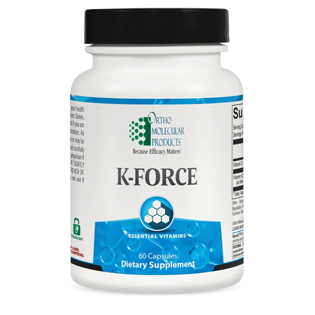 K-FORCE essential vitamins dietary supplement bottle with 60 capsules, white and blue label.
