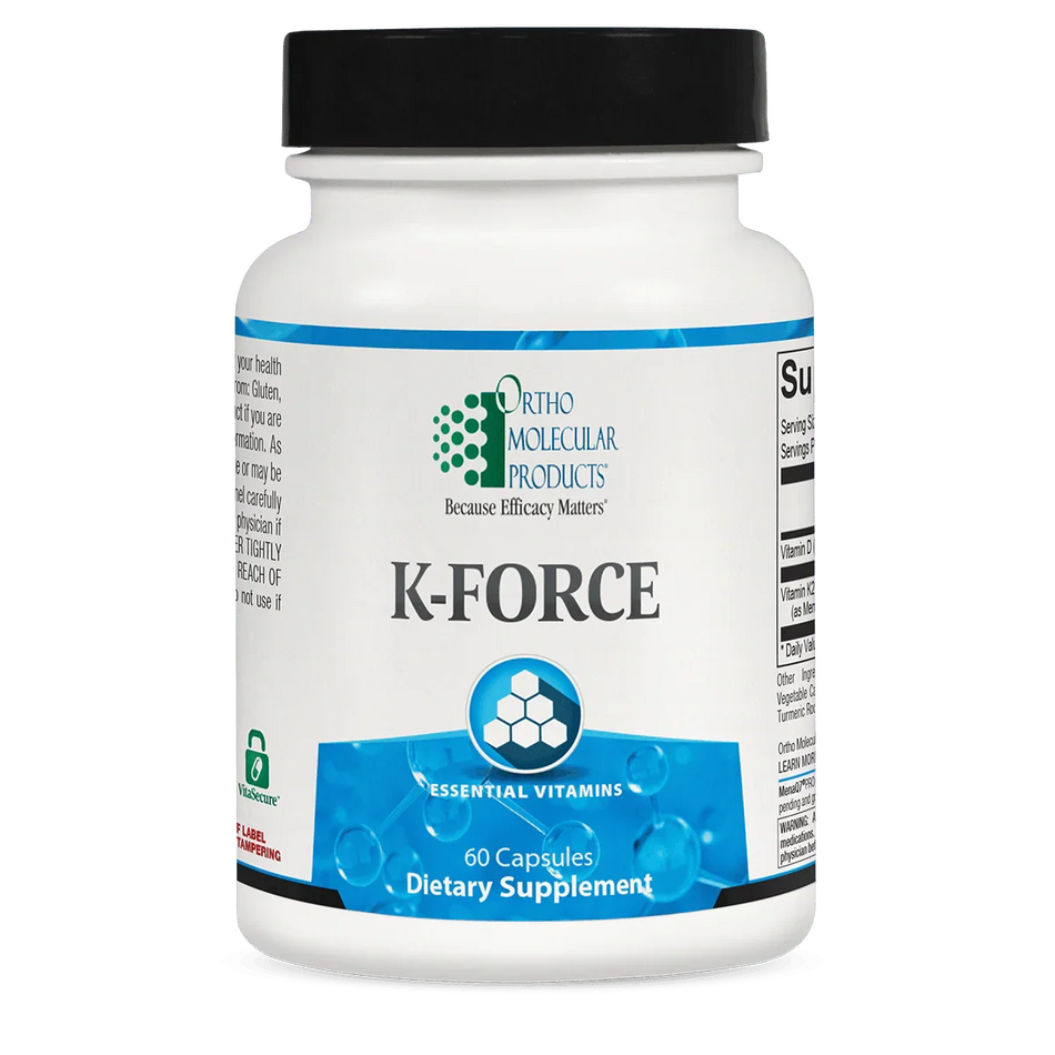 K-FORCE essential vitamins dietary supplement bottle with 60 capsules, white and blue label.