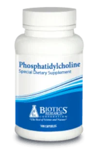 Phosphatidylcholine dietary supplement bottle with blue and white label, 100 capsules