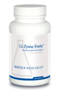 Li-Zyme Forte dietary supplement bottle by Biotics Research with white label and blue text.