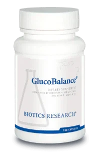 GlucoBalance dietary supplement bottle, Biotics Research label, 100 capsules