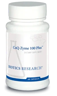CoQ-Zyme 100 Plus dietary supplement bottle Biotics Research, 60 capsules