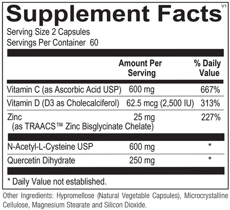 Supplement facts label showing ingredients: Vitamin C, Vitamin D3, Zinc, NAC, Quercetin, capsules.