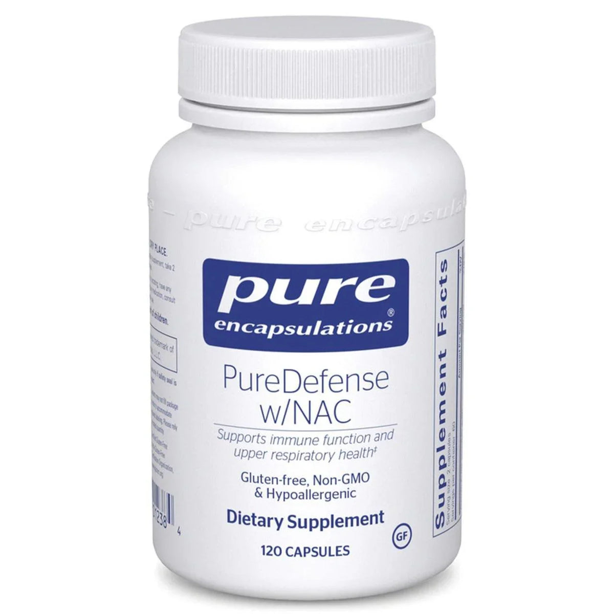 Pure Encapsulations PureDefense w/NAC dietary supplement bottle with 120 capsules, gluten-free and hypoallergenic