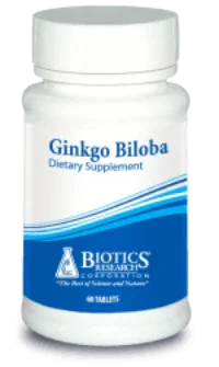 Ginkgo Biloba dietary supplement bottle with blue and white label, 40 tablets