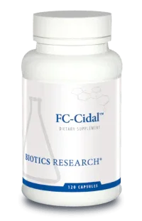 FC-Cidal Biotics Research dietary supplement bottle, 120 capsules, white label