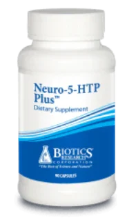 Neuro-5-HTP Plus dietary supplement bottle by Biotics Research, white and blue label