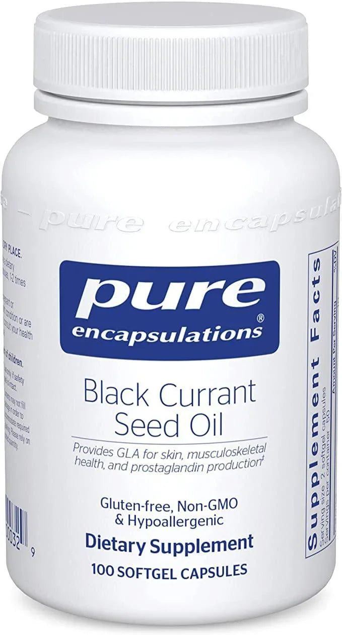 Black Currant Seed Oil dietary supplement bottle with 100 softgel capsules, gluten-free, non-GMO.