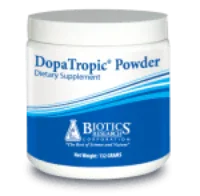 DopaTropic Powder dietary supplement container with blue and white label on white background