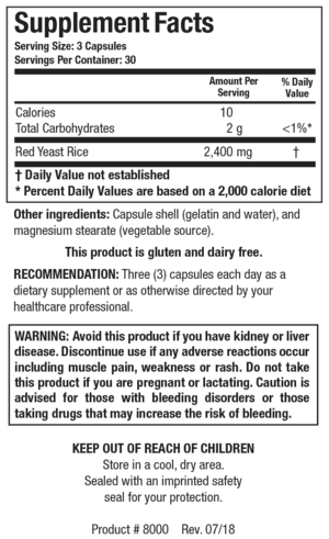 Supplement Facts label for Red Yeast Rice capsules, 2400 mg per serving, clear dosage info.