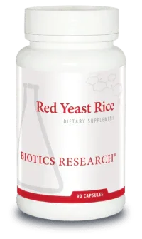 Red Yeast Rice dietary supplement bottle, 90 capsules, Biotics Research label