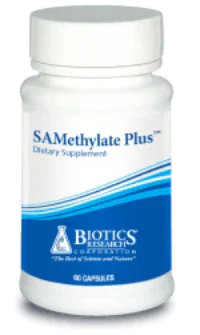 Bottle of SAMethylate Plus dietary supplement capsules by Biotics Research, white label with blue accents.