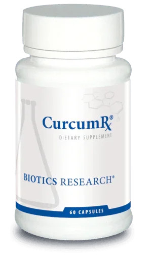 CurcumRx dietary supplement bottle, Biotics Research, 60 capsules, white container