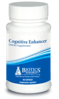 White bottle labeled Cognitive Enhancer dietary supplement with blue accents and 60 capsules.