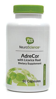 AdreCor with Licorice Root dietary supplement bottle, 90 capsules, white and green label