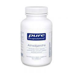 Pure Encapsulations Ashwagandha supplement bottle, white label, 120 capsules