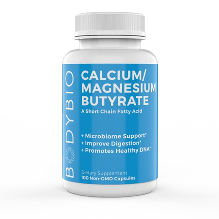BodyBio Calcium Magnesium Butyrate supplement bottle, 100 non-GMO capsules for digestion support