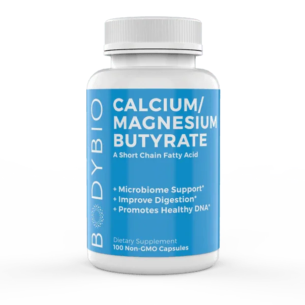 BodyBio Calcium Magnesium Butyrate supplement bottle, 100 non-GMO capsules for digestion support