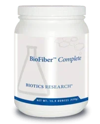 BioFiber Complete dietary supplement powder container, white jar with blue label details.