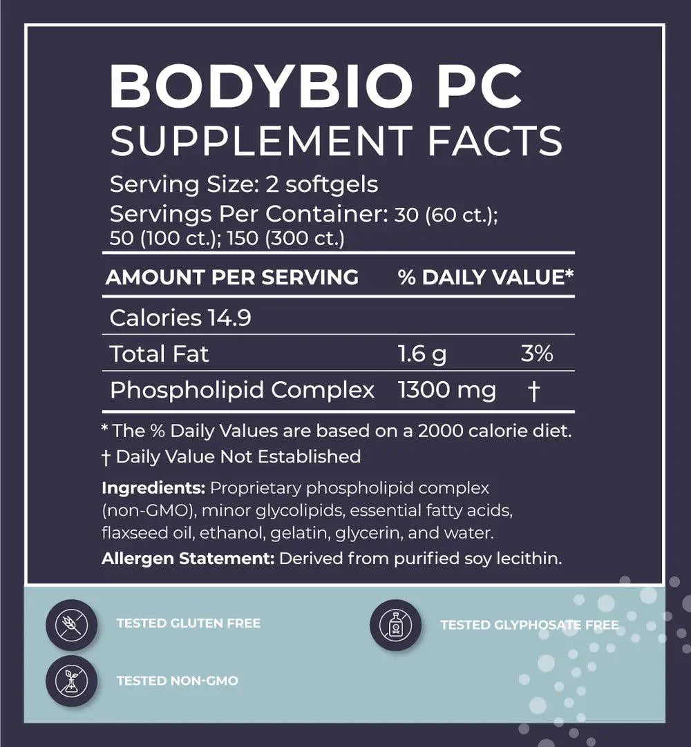 Supplement facts label for phospholipid softgel, showing ingredients, allergen info, and nutritional values.