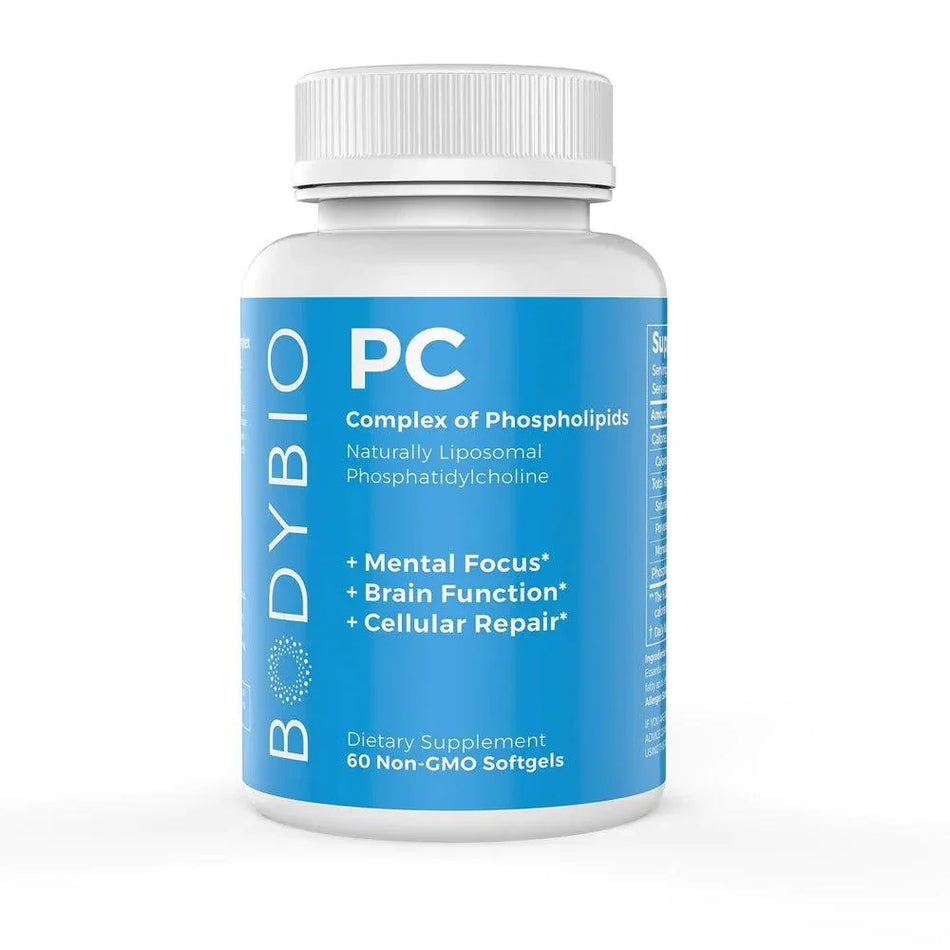 Bottle of phosphatidylcholine supplement for brain function and mental focus, 60 softgels