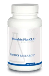Bromelain Plus CLA dietary supplement bottle with Biotics Research label, 100 tablets