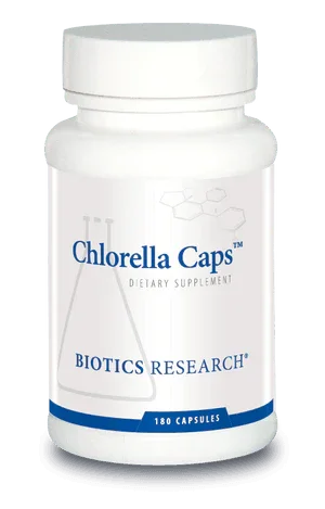 Chlorella Caps dietary supplement bottle with 180 capsules, white and blue label