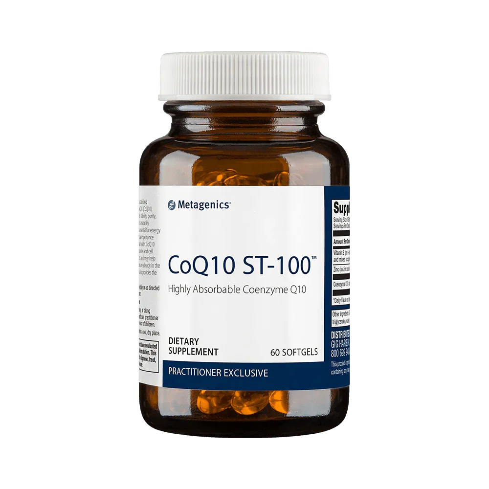CoQ10 ST-100 dietary supplement bottle with softgels for heart and cellular health