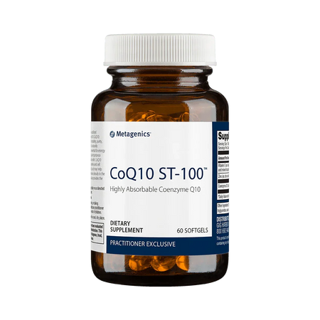 CoQ10 ST-100 dietary supplement bottle with softgels for heart and cellular health