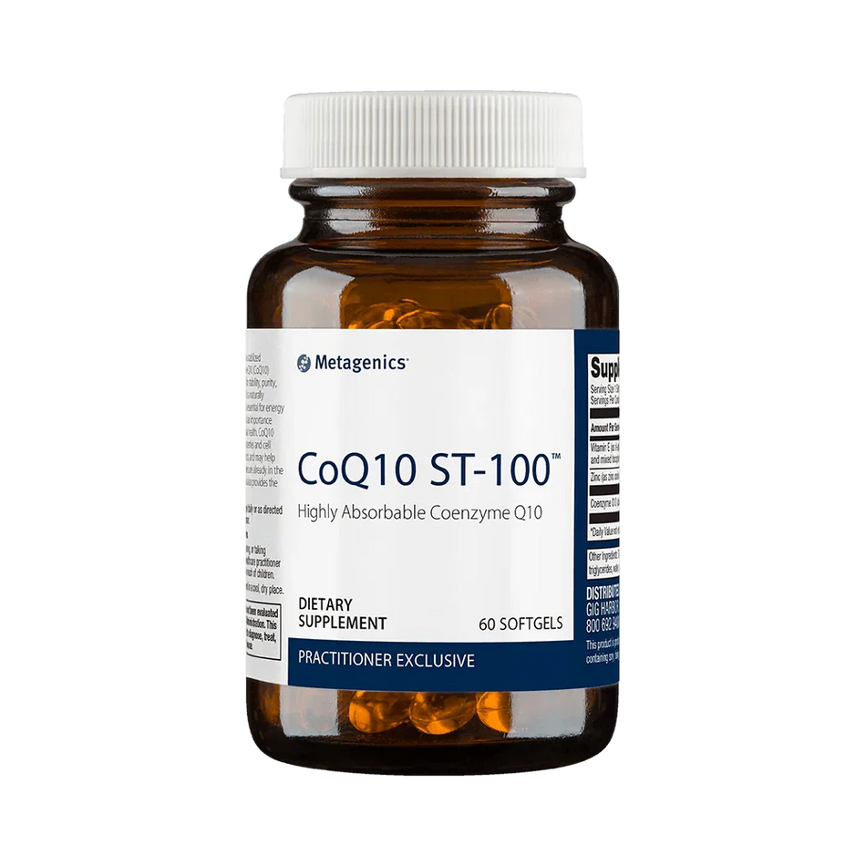 CoQ10 ST-100 dietary supplement bottle with softgels for heart and cellular health