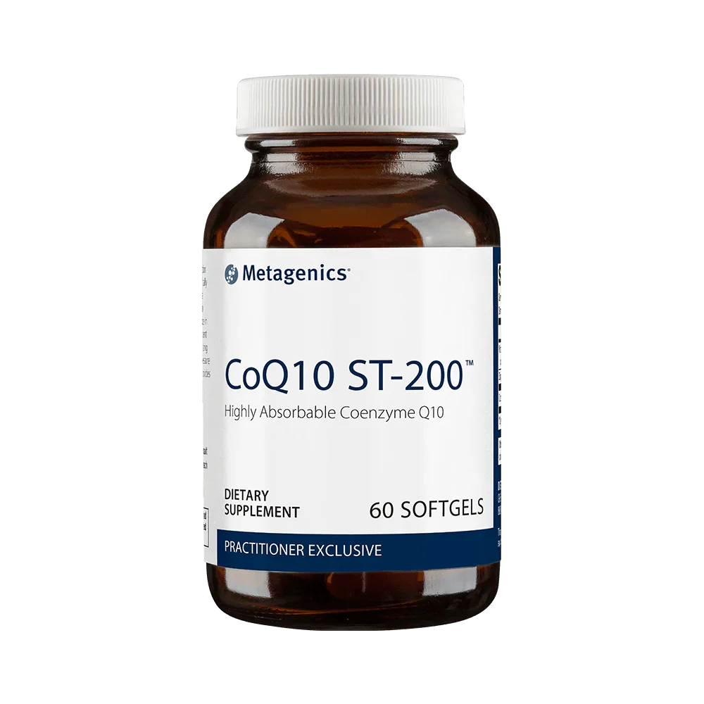 CoQ10 ST-200 dietary supplement bottle with 60 softgels, highly absorbable Coenzyme Q10