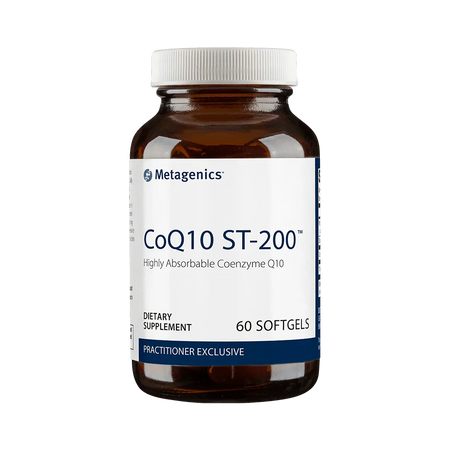 CoQ10 ST-200 dietary supplement bottle with 60 softgels, highly absorbable Coenzyme Q10