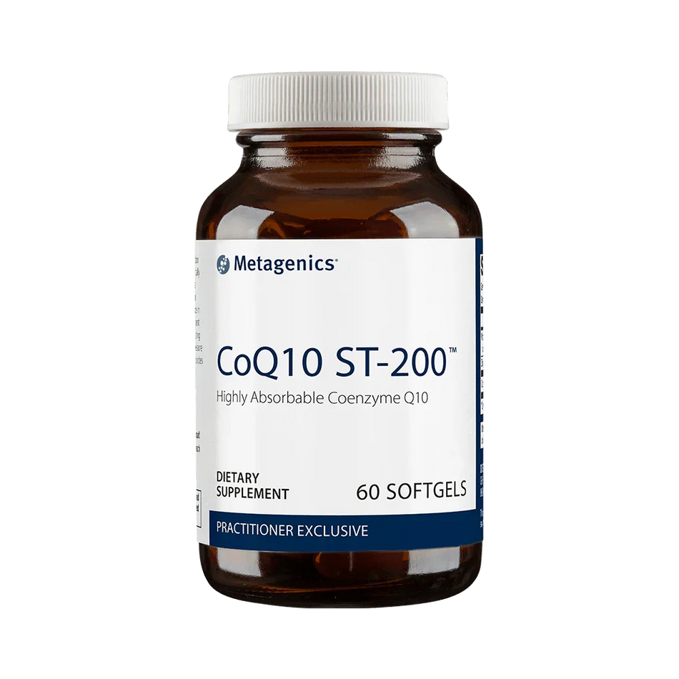 CoQ10 ST-200 dietary supplement bottle with 60 softgels, highly absorbable Coenzyme Q10