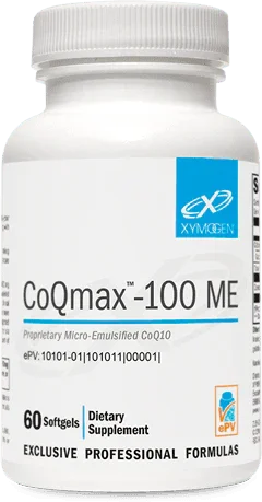 CoQmax-100 ME bottle with 60 softgels, dietary supplement for CoQ10 support