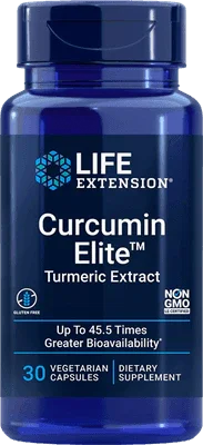 Blue bottle of Curcumin Elite turmeric extract dietary supplement with 30 vegetarian capsules.