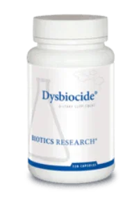 Dysbiocide dietary supplement bottle, 120 capsules, Biotics Research label