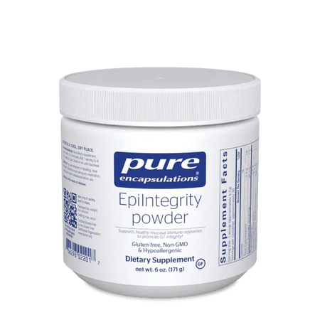 EpiIntegrity powder dietary supplement container, gluten-free, non-GMO, hypoallergenic formula