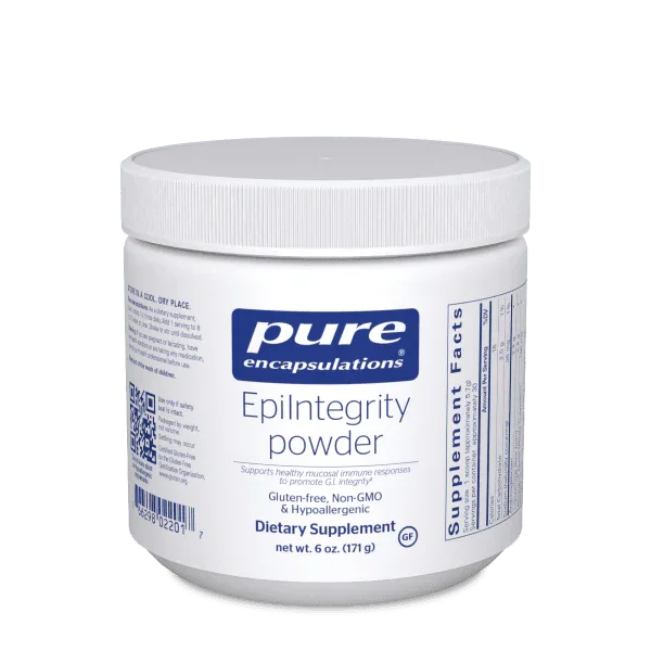 EpiIntegrity powder dietary supplement container, gluten-free, non-GMO, hypoallergenic formula