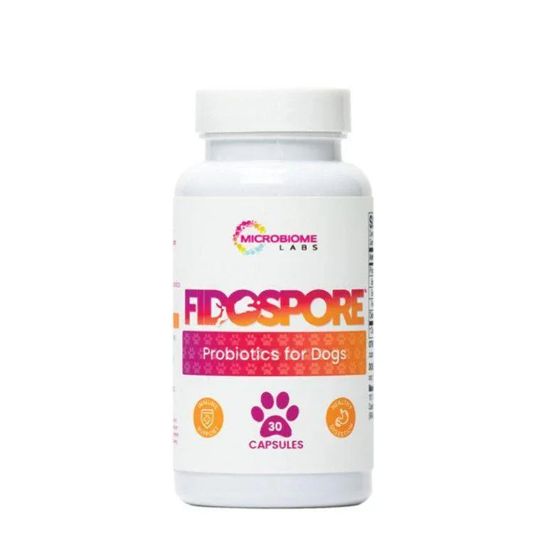 FidoSpore probiotics for dogs supplement bottle, 30 capsules, white background