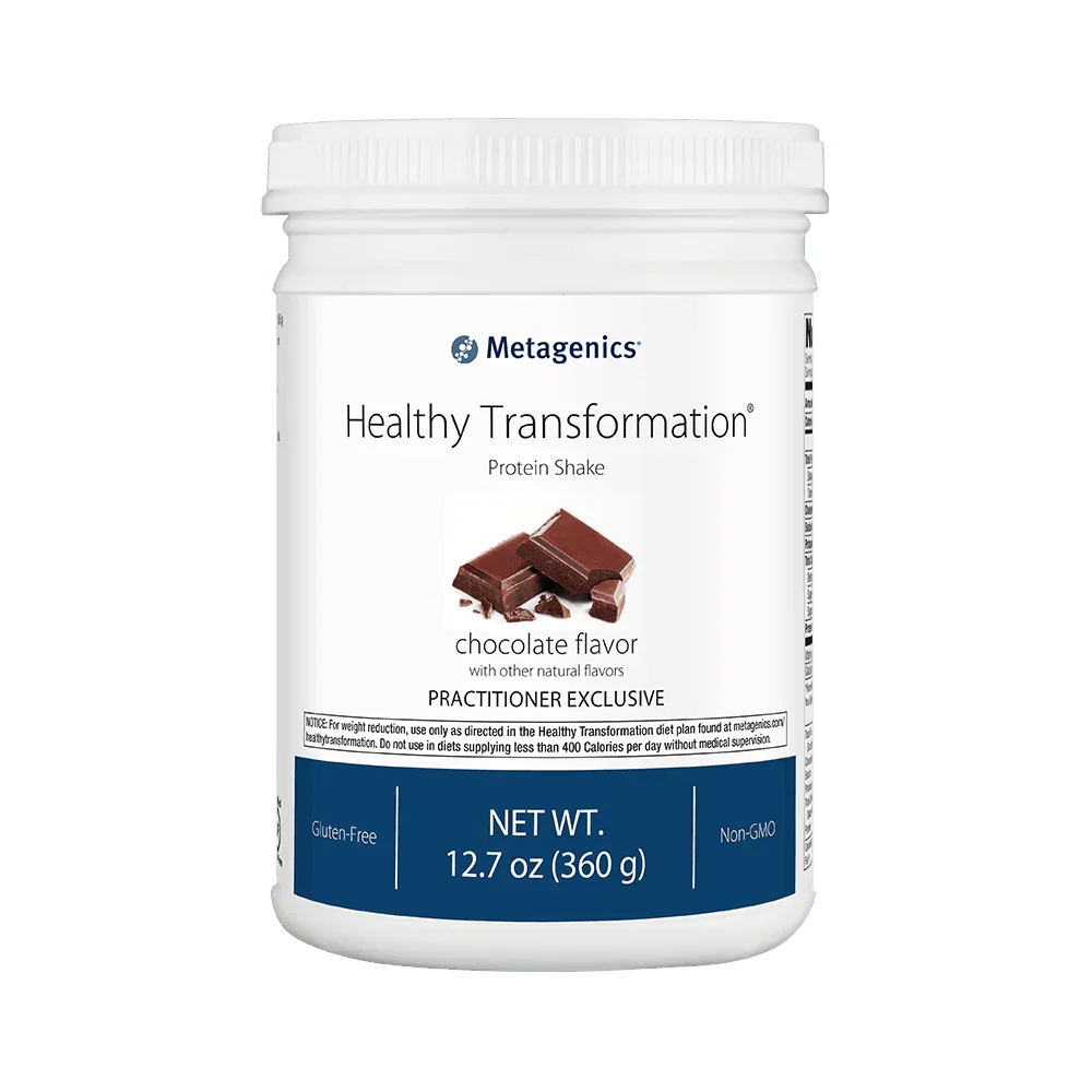 Chocolate flavor Healthy Transformation protein shake container, gluten-free, non-GMO, 12.7 oz