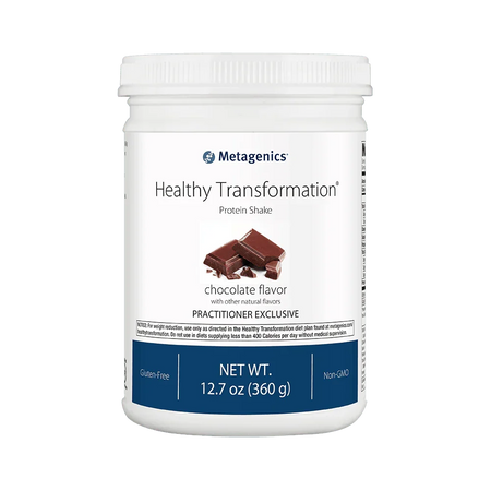Chocolate flavor Healthy Transformation protein shake container, gluten-free, non-GMO, 12.7 oz