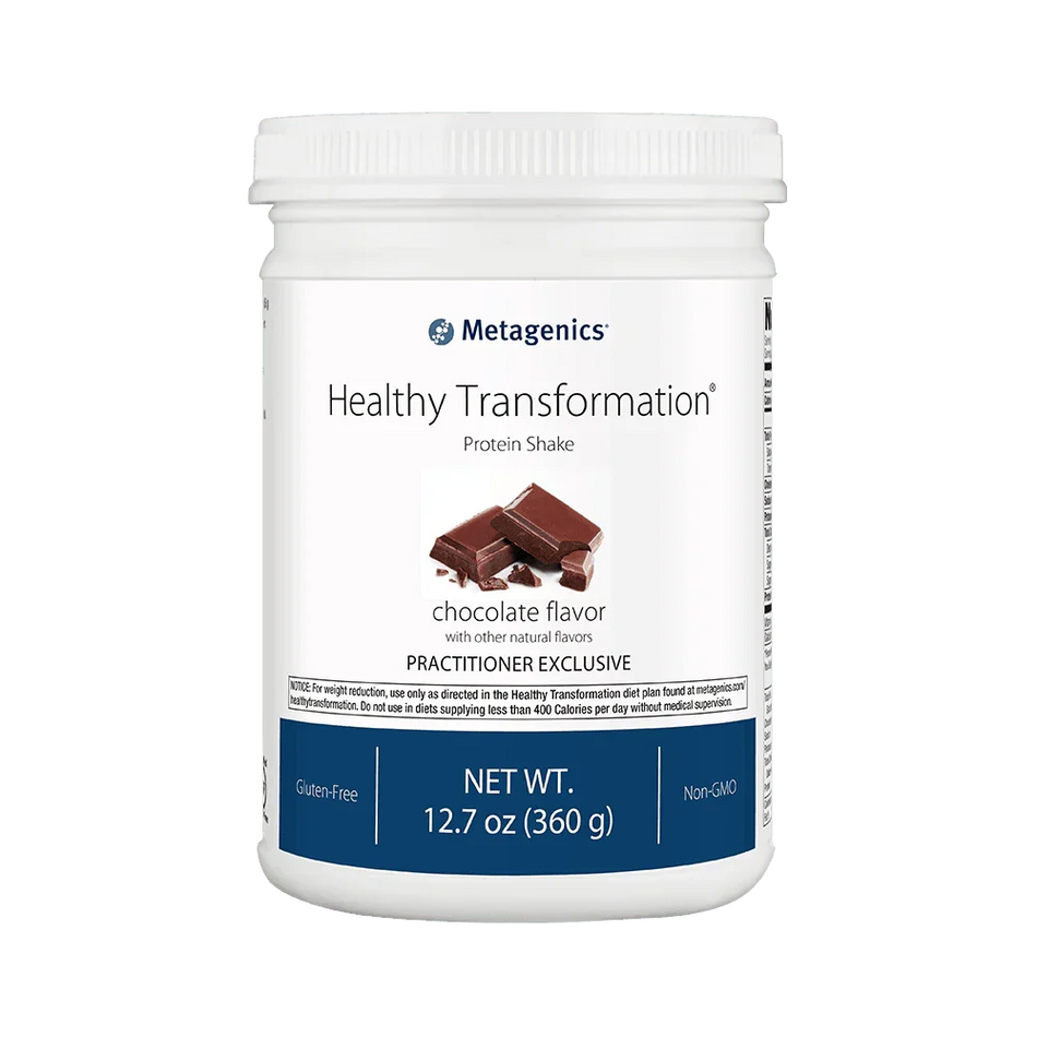 Chocolate flavor Healthy Transformation protein shake container, gluten-free, non-GMO, 12.7 oz