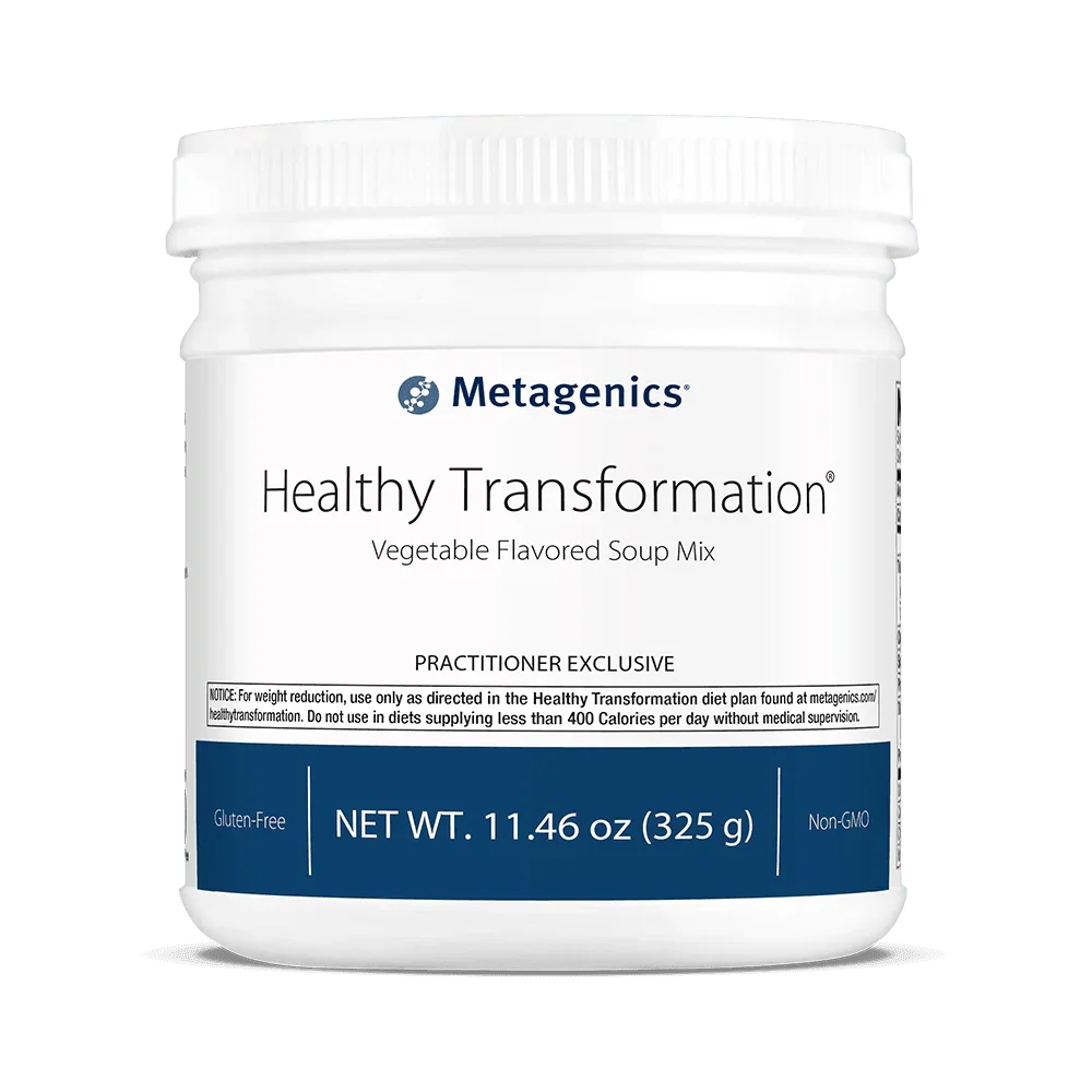 Healthy Transformation vegetable flavored soup mix container, gluten-free, non-GMO supplement