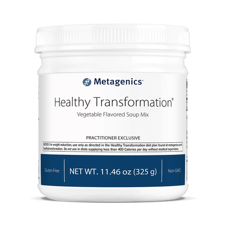 Healthy Transformation vegetable flavored soup mix container, gluten-free, non-GMO supplement