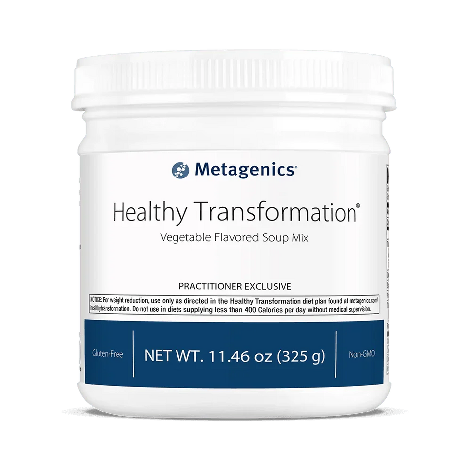 Healthy Transformation vegetable flavored soup mix container, gluten-free, non-GMO supplement