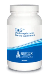 IAG Arabinogalactans dietary supplement bottle with blue and white label